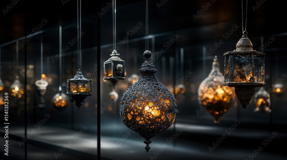 Aufkleber suspended carbon artifacts display modern gallery art installation dark environment close-up view su