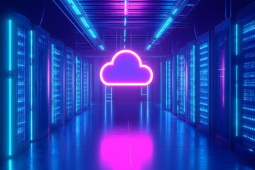 A futuristic data center illuminated with neon lights, featuring a prominent cloud symbol, representing modern cloud computing technology.