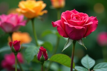 Obraz premium Heart-shaped rose in a garden bed among other flowers, flowers, stem, greenery