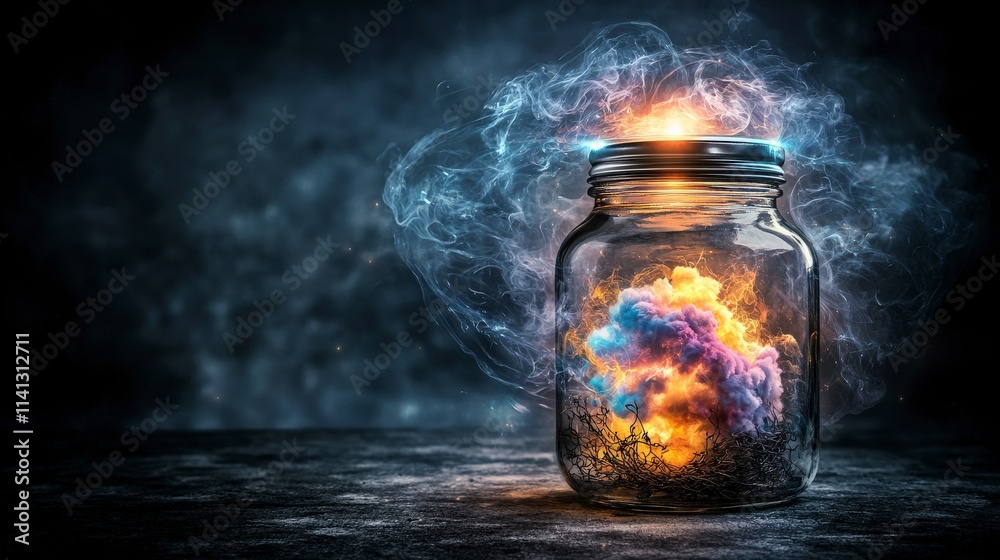 Leinwandbilder surreal jar with luminous cap capturing swirling clouds abstract art dark environment close-up view 