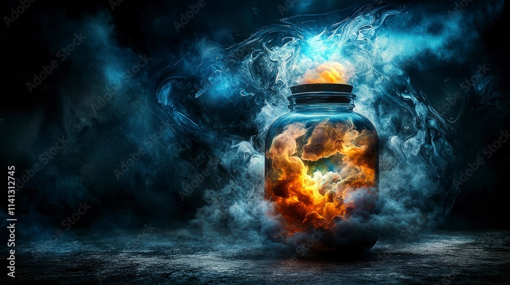 Poster surreal jar capturing luminous swirls dreamlike realm digital art dark environment close-up view ima