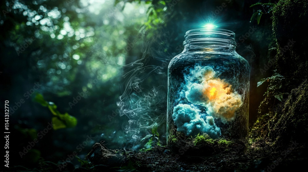 Aufkleber surreal luminous jar capturing swirling clouds enchanted forest fantasy art mysterious environment d