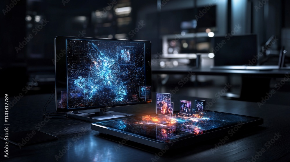 Aufkleber surreal holographic projector creating images of memories office space digital art nighttime futuris