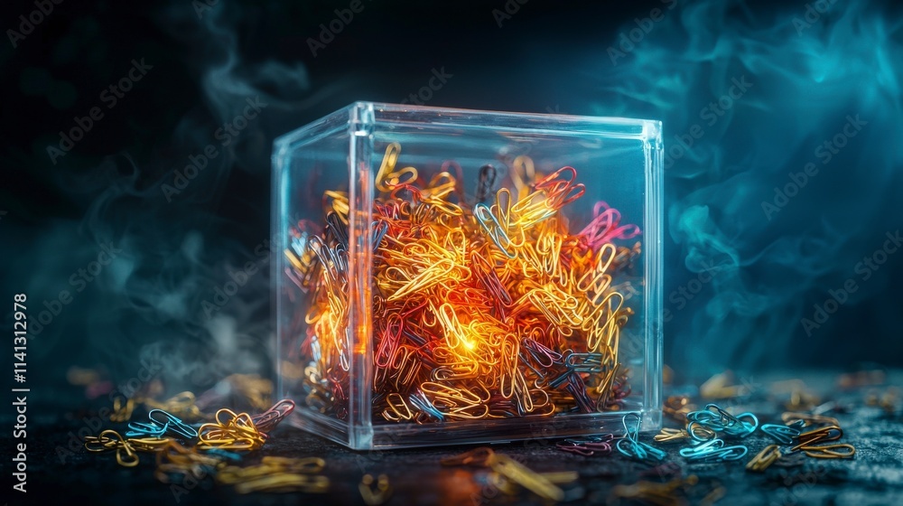 Aufkleber Glowing paper clips in transparent box studio setting macro photography creative concept vibrant atmosphere