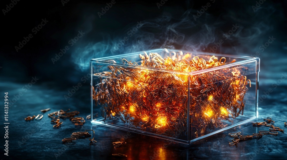 Leinwandbilder Glowing paper clips in a transparent box creative display studio setting close-up view innovative concept