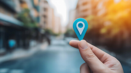 A person holds a blue location pin against a backdrop of urban streets, symbolizing navigation and wayfinding in modern cities.