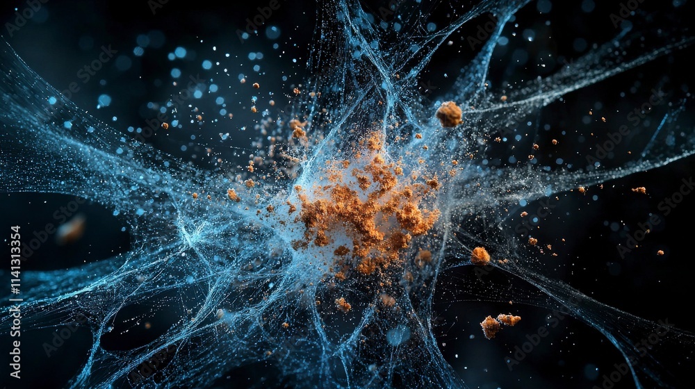 Poster dynamic interaction of fine grains of powder abstract space digital art vibrant environment close-up
