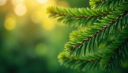 Lush pine branches in a warm glowing light on the pale green, peaceful, ambient