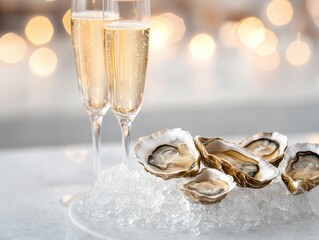 valentine food romantic flavors concept, A stylish display of oysters on ice accompanied by two flutes of sparkling wine, perfect for a festive celebration.