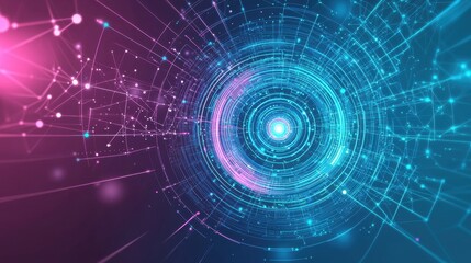 A vibrant holographic vortex background featuring a glowing central spiral surrounded by pulsing neon lines and light particles. The gradient backdrop blends electric blue and purple, creating 