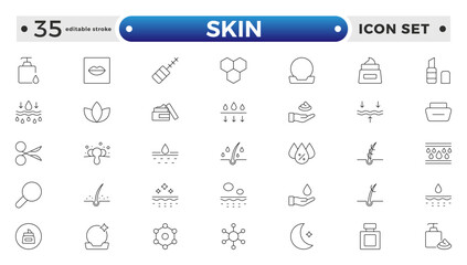 Skin care Outline icons set. Moisture cream, acid, anti wrinkle serum, ceramide, collagen, retinol compound, sunscreen vector illustration. Editable stroke outline icon.
