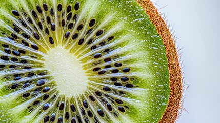 A vibrant, close-up kiwi slice isolated on a white background, showcasing its rich green interior, small black seeds arranged in a radial pattern, and fuzzy brown skin. The clean presentation 