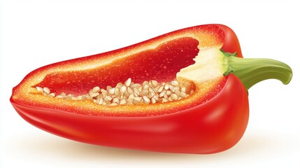 A vibrant, realistic red bell pepper slice isolated on a white background, showcasing its glossy surface, crisp texture, and hollow interior with seeds removed. The clean layout emphasizes freshness, 