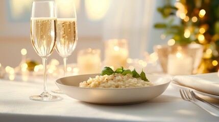 valentine food romantic flavors concept, A romantic dining setting featuring pasta and sparkling wine, illuminated by soft candlelight and holiday decor.