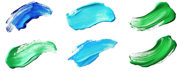 six abstract paint brush strokes in blue and green hues isolated on a transparent background