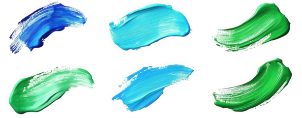 six abstract paint brush strokes in blue and green hues isolated on a transparent background