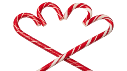 Two red and white candy canes crossed to form a heart shape ,PNG format