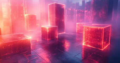 Fototapeta premium Futuristic Translucent Geometric Shapes in Dreamy Neon Light Abstract Composition