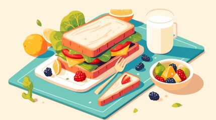 School lunch featuring a sandwich, fresh berries, vegetables, and milk, illustrated in a flat style, perfect for educational and health-related designs.