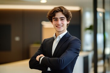 Young Confident Businessperson Smiling, Achieving Success in Corporate World Today