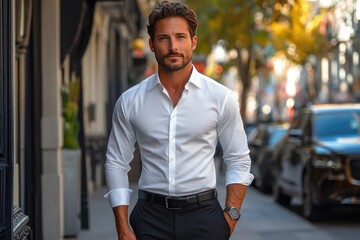 Obraz premium Handsome Man Wearing White Shirt Walks City Street