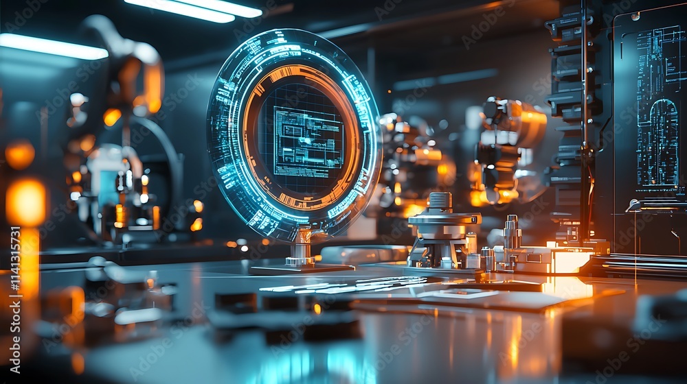 Poster futuristic factory interior with holographic display showing technical data and machinery.