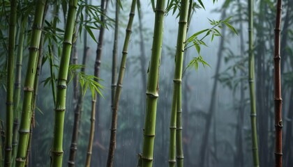 Rain-soaked bamboo stalks with newly emerged shoots, rainwater, tropical flora, plant growth