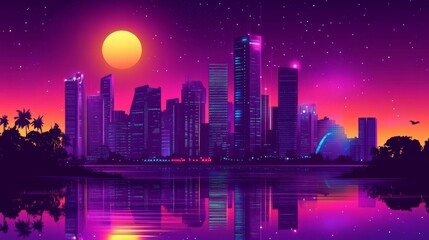 Naklejka premium Vibrant City Skyline at Night with Bright Reflections