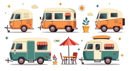 Retro Camper Van Collection Illustration with Vintage Trailers and Outdoor Furniture, Perfect for Travel and Adventure Themes