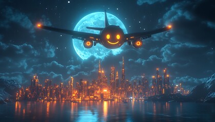 A futuristic emoji airplane flying above a glowing city skyline under a moonlit sky