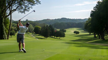 Obraz premium Golfer teeing off on a beautiful course
