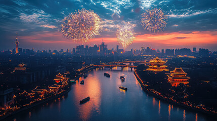 Naklejka premium photo of fireworks in the sky over Beijing at night, Chinese New Year, China, holiday, National Day of the People's Republic of China, celebration, landscape