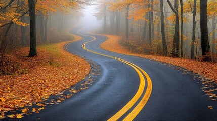 Obraz premium Winding Road Through Autumn Forest with Fog