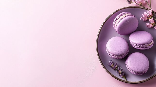 Artful arrangement of purple macarons on a pastel plate food photography kitchen setting aesthetic presentation
