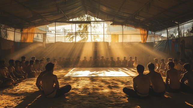 Traditional Indian Wrestling Match in Sunlit Community Arena