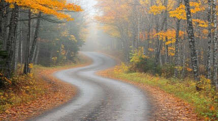 Obraz premium Winding Road Through Autumn Forest Shrouded in Fog