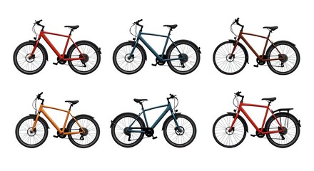 Obraz premium Collection of Colorful Bicycle Illustrations Featuring Red, Blue, Orange, and Brown Designs on a White Background. Perfect for Cycling Enthusiasts and Graphic Designers.