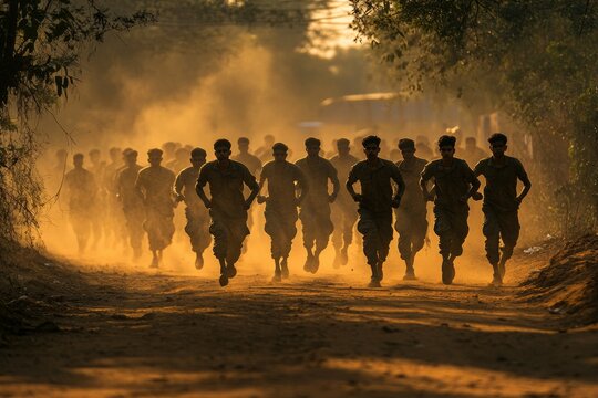 Determined Youth in Dusty Drill Unity in Motion on Training Grounds