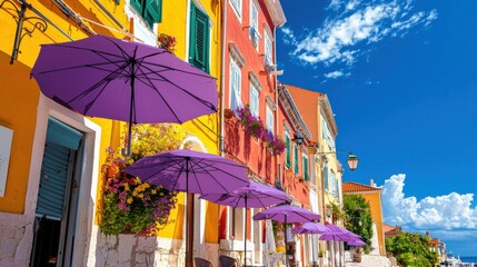 Charming display of purple umbrellas enhancing the quaint streetscape in a vibrant coastal town colorful photography outdoor atmosphere aesthetic viewpoint umbrella concept