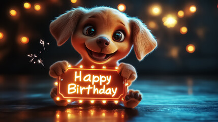 Adorable puppy with a glowing 'Happy Birthday' sign sets a joyful mood for birthday celebrations, perfect for wall art, posters, or party invitations.