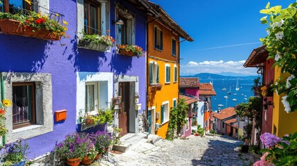 Fototapeta premium Vibrant street scene featuring purple painted houses lakeside village digital photography sunny day colorful architecture