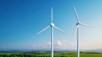 Two wind turbines against a clear blue sky and green landscape.