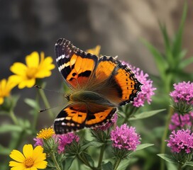 Obraz premium Small Tortoiseshell butterfly on a flower with yellow and black stripes, insect photography, leaf, macro photography