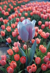 Soft blue background with delicate tulip petals unfolding in a vibrant flower bed , floral arrangement, garden scene