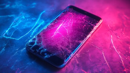 Cracked Screen with Glitch Effects on Vibrant Gradient Background