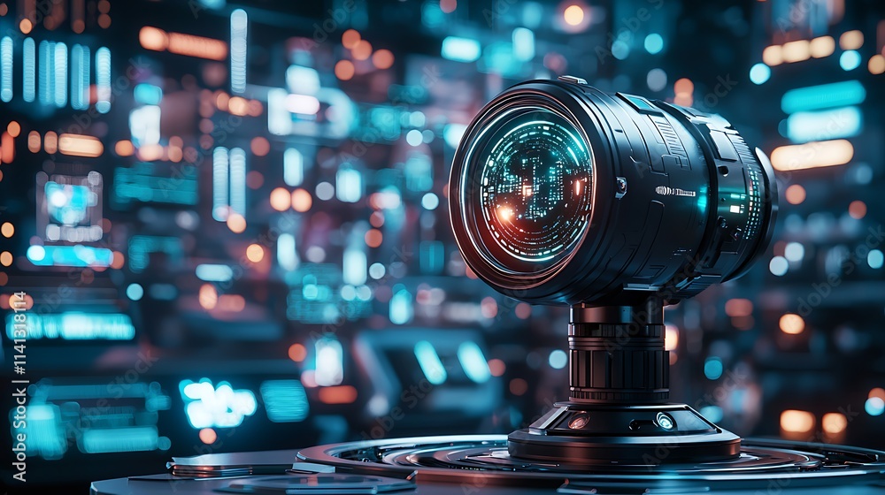 Poster futuristic camera lens with glowing core on a tech background.