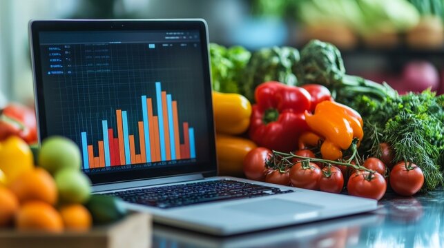 Vibrant Economic Analysis Laptop Displaying Graphs Among Fresh Produce