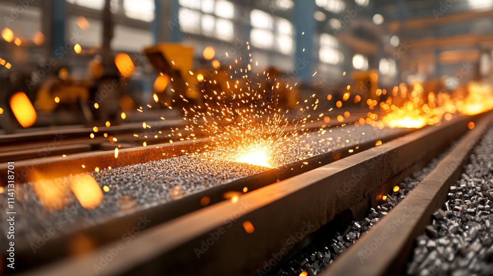 Poster A vibrant industrial scene showcasing glowing sparks flying from molten metal on a production line, with machinery and a factory backdrop.