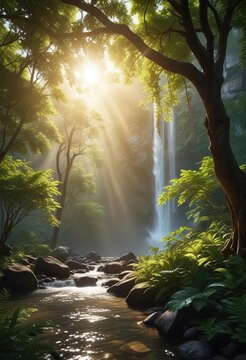 Sunlight filtering through the leaves of tilo trees near a waterfall, foliage, tilos