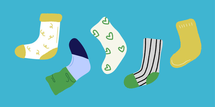 Cozy Socks Vector Illustration Set. Green and Yellows.